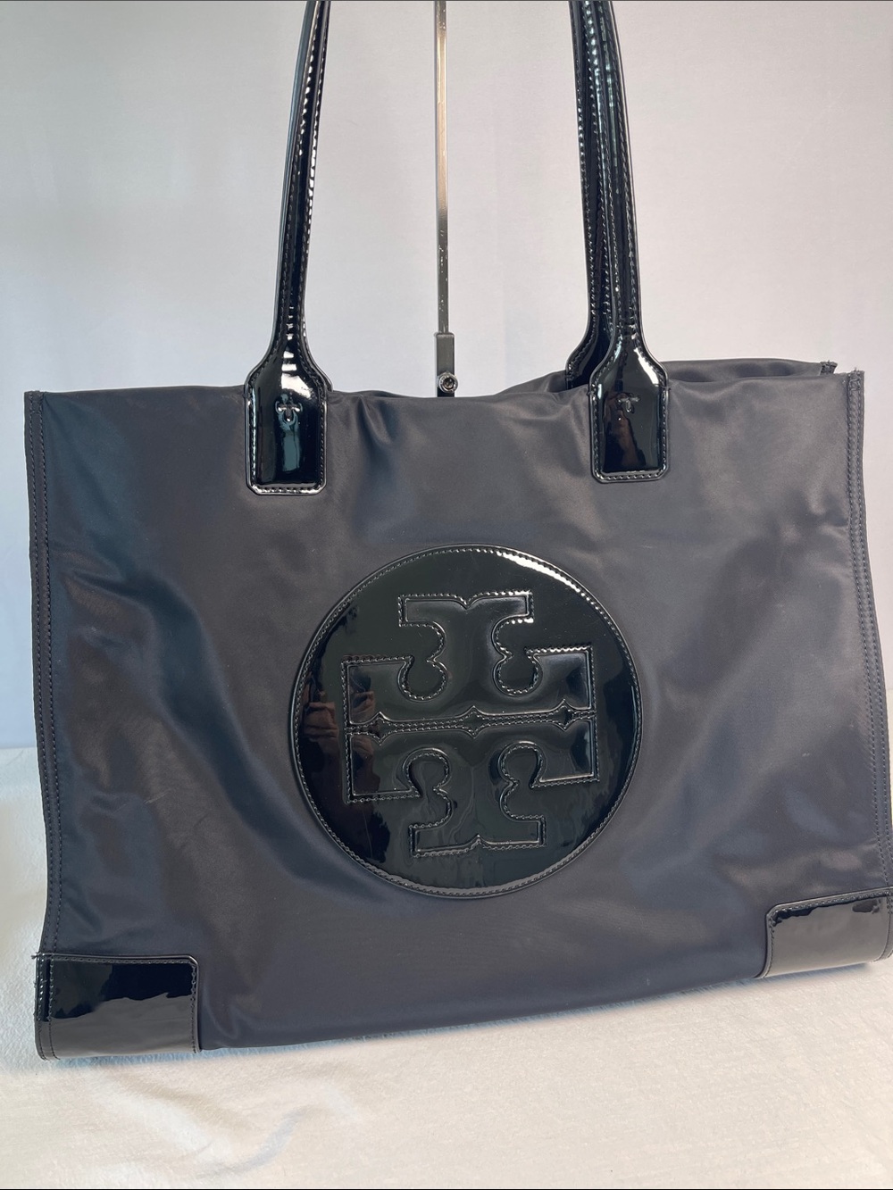 Tory Burch Ella Large Black Nylon Patent Logo Tote